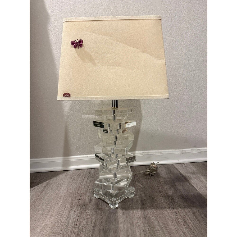 VTG Mid Century Stacked Lucite Table Lamp,  CRYSTAL Excellent Condition 27” H